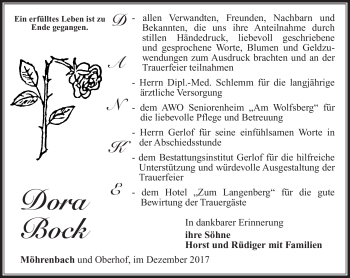 Traueranzeige von Dora Bock von Südthüringer Presse