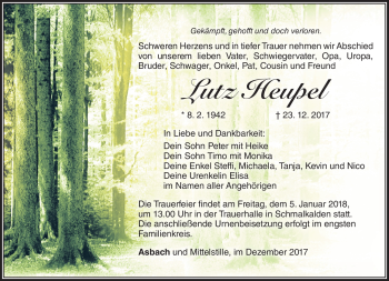 Traueranzeige von Lutz Heupel von Südthüringer Presse