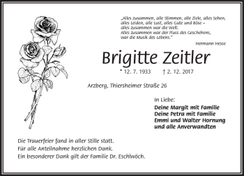 Traueranzeige von Brigitte Zeitler von Frankenpost