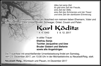 Traueranzeige von Karl Köditz von Südthüringer Presse