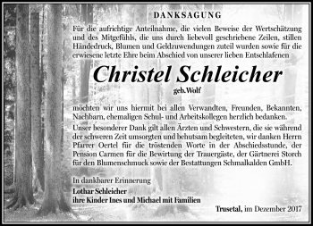 Traueranzeige von Christel Schleicher von Südthüringer Presse