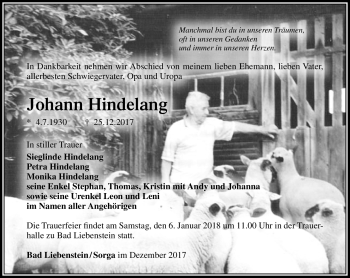 Traueranzeige von Johann Hindelang von Südthüringer Presse