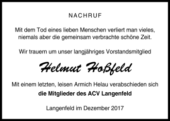 Traueranzeige von Helmut Hoßfeld von Südthüringer Presse