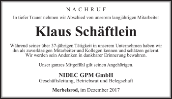 Traueranzeige von Klaus Schäftlein von Südthüringer Presse