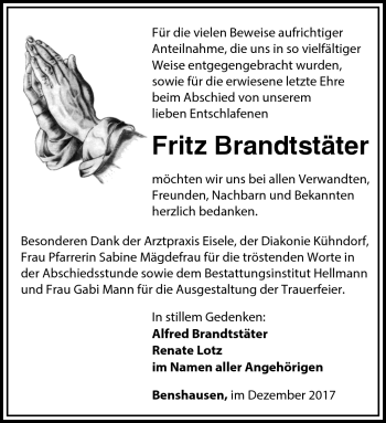 Traueranzeige von Fritz Brandstäter von Südthüringer Presse
