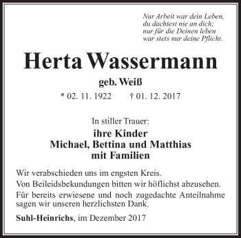 Traueranzeige von Herta Wassermann von Südthüringer Presse