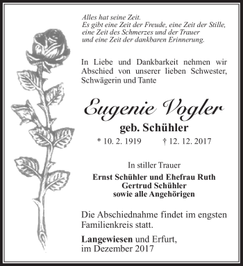 Traueranzeige von Eugenia Vogler von Südthüringer Presse