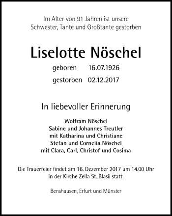 Traueranzeige von Liselotte Nöschel von Südthüringer Presse
