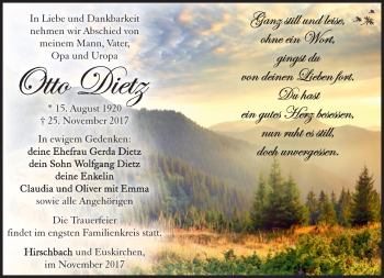 Traueranzeige von Otto Dietz von Südthüringer Presse