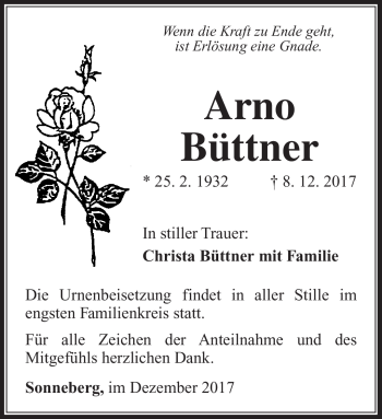 Traueranzeige von Arno Büttner von Südthüringer Presse