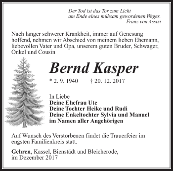 Traueranzeige von Bernd Kasper von Südthüringer Presse