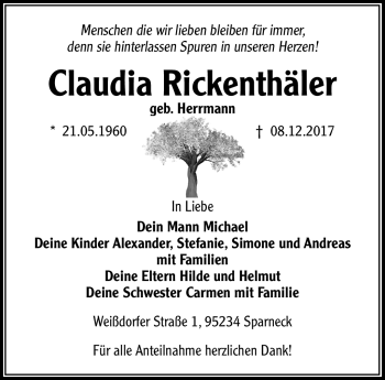 Traueranzeige von Claudia Rickenthäler von Frankenpost