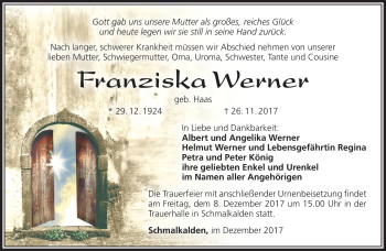 Traueranzeige von Franziska Werner von Südthüringer Presse
