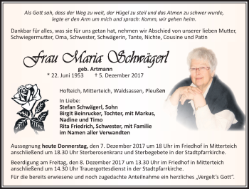 Traueranzeige von Maria Schwägerl von Frankenpost