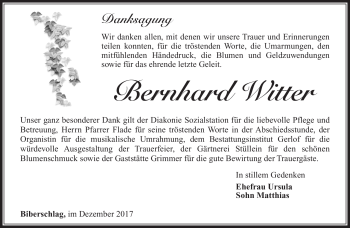 Traueranzeige von Bernhard Witter von Südthüringer Presse