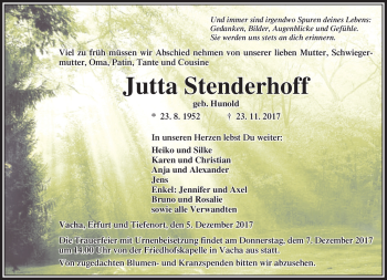 Traueranzeige von Jutta Stenderhoff von Südthüringer Presse