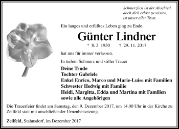 Traueranzeige von Günter Lindner von Südthüringer Presse