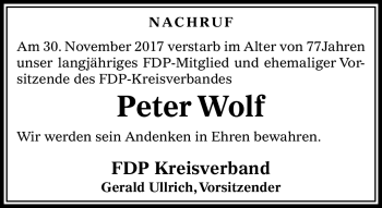 Traueranzeige von Peter Wolf von Südthüringer Presse