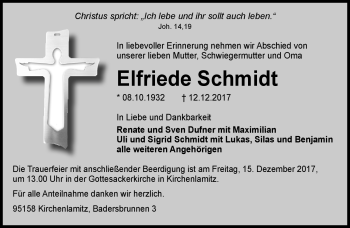 Traueranzeige von Elfriede Schmidt von Frankenpost