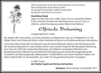 Traueranzeige von Elfriede Bräuning von Südthüringer Presse