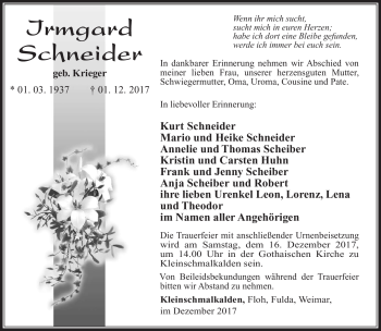 Traueranzeige von Irmgard Schneider von Südthüringer Presse