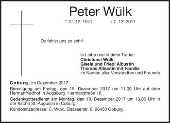 Traueranzeige von Peter Wülk von Neue Presse Coburg