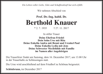 Traueranzeige von Berthold Knauer von Südthüringer Presse