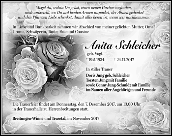 Traueranzeige von Anita Schleicher von Südthüringer Presse