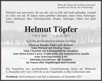Traueranzeige von Helmut Töpfer von Südthüringer Presse