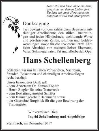 Traueranzeige von Hans Schellenberg von Südthüringer Presse