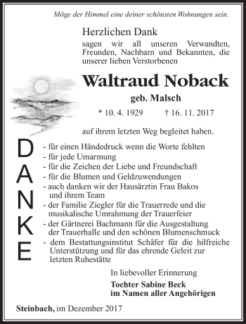 Traueranzeige von Waltraud Noback von Südthüringer Presse