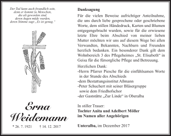 Traueranzeige von Erna Weidemann von Südthüringer Presse