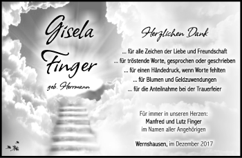 Traueranzeige von Gisela Finger von Südthüringer Presse