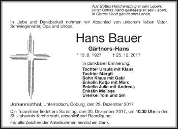 Traueranzeige von Hans Bauer von Neue Presse Coburg