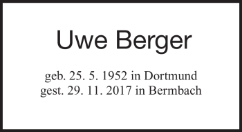 Traueranzeige von Uwe Berger von Südthüringer Presse