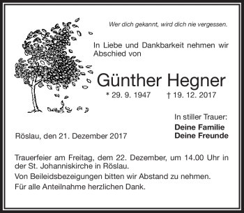 Traueranzeige von Günther Hegner von Frankenpost