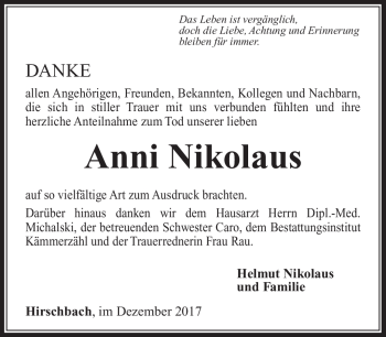 Traueranzeige von Anni Nikolaus von Südthüringer Presse