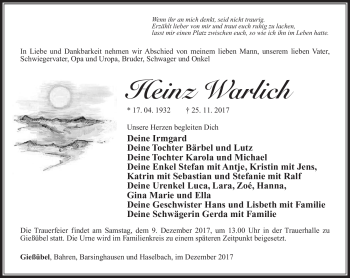 Traueranzeige von Heinz Warlich von Südthüringer Presse