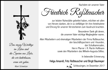 Traueranzeige von Friedrich Roßteuscher von Südthüringer Presse