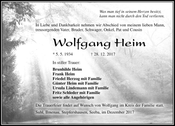 Traueranzeige von Wolfgang Heim von Südthüringer Presse