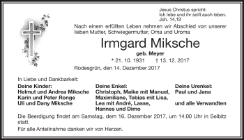 Traueranzeige von Irmgard Miksche von Frankenpost