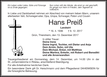 Traueranzeige von Preiß Hans von Frankenpost