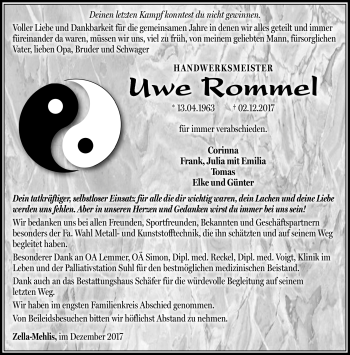 Traueranzeige von Uwe Rommel von Südthüringer Presse
