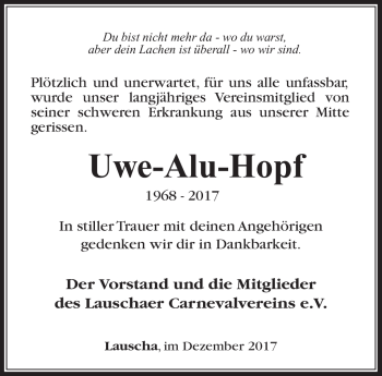 Traueranzeige von Uwe Hopf von Südthüringer Presse
