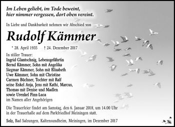 Traueranzeige von Rudolf Kämmer von Südthüringer Presse