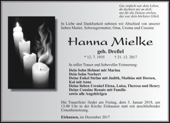 Traueranzeige von Hanna Mielke von Südthüringer Presse