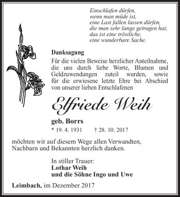 Traueranzeige von Elfriede Weih von Südthüringer Presse