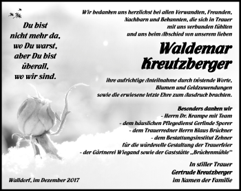 Traueranzeige von Waldemar Kreutzberger von Südthüringer Presse