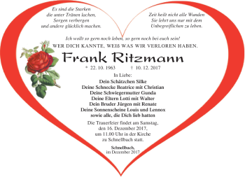 Traueranzeige von Frank Ritzmann von Südthüringer Presse