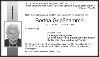 Traueranzeige von Bertha Grießhammer von Frankenpost